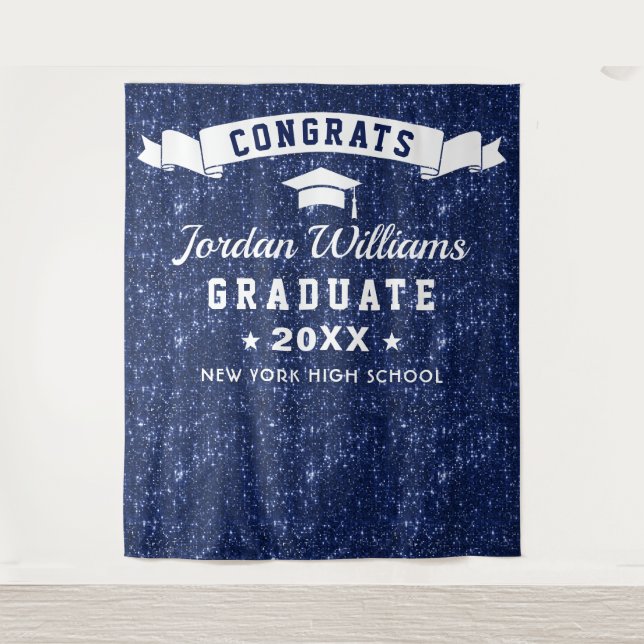 Modern Navy Blue Graduation Photo Booth Backdrop Tapestry (Front)