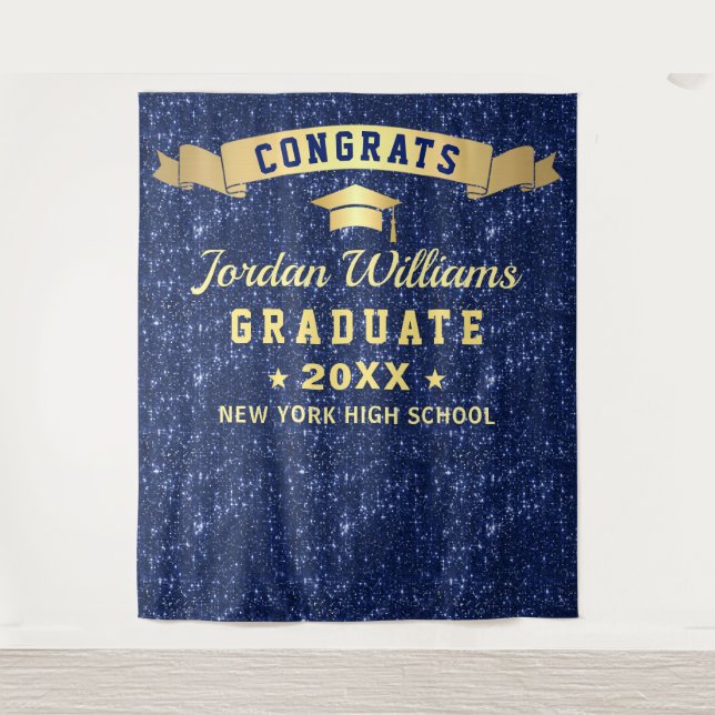 Modern Navy Blue Graduation Photo Booth Backdrop Tapestry (Front)