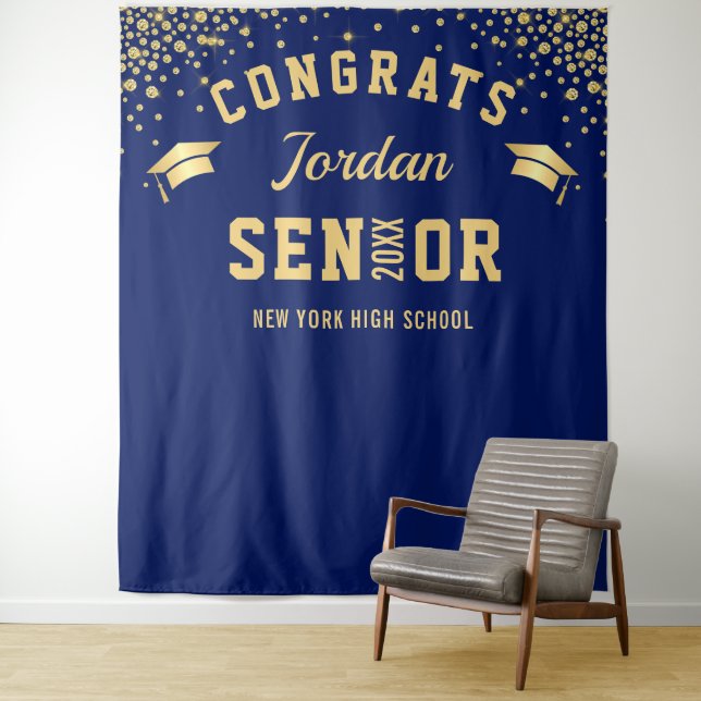 Modern Navy Blue Graduation Photo Booth Backdrop Tapestry (In Situ)