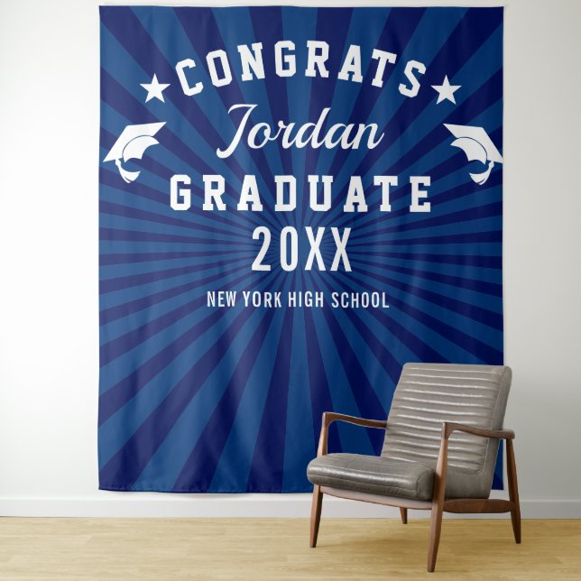 Modern Navy Blue Graduation Photo Booth Backdrop Tapestry (In Situ)