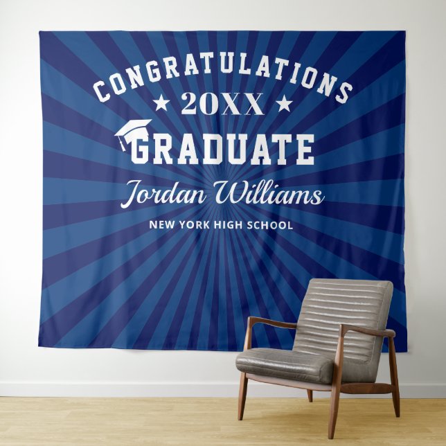 Modern Navy Blue Graduation Photo Booth Backdrop Tapestry (In Situ (Horizontal))