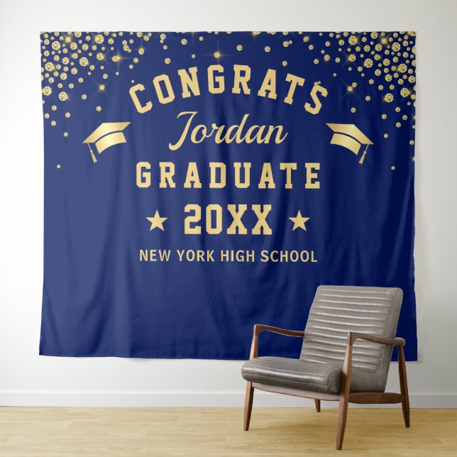 Modern Navy Blue Graduation Photo Booth Backdrop Tapestry (In Situ (Horizontal))
