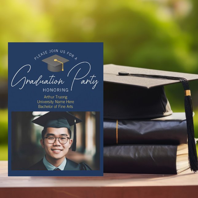 Modern Navy Blue Graduation Photo Party Invitation (Creator Uploaded)