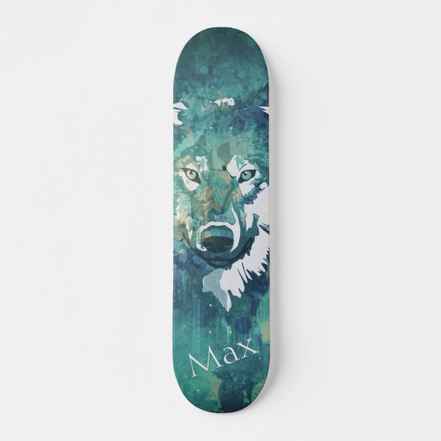 Modern navy blue green watercolor wolf skateboard (Front)