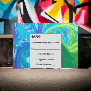 Modern Navy Blue Green Waves Abstract Art Wedding RSVP Card