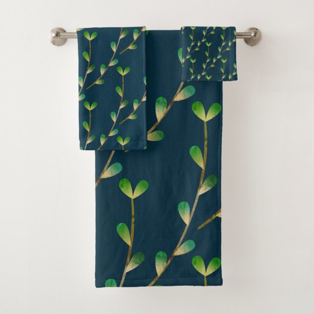 Modern Navy Blue Greenery Bath Towel Set (Insitu)