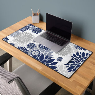 Modern Navy Blue Grey Flower Pattern Desk Mat