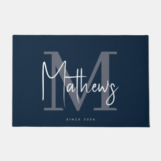 Modern Navy Blue Grey Monogram Family Name Doormat