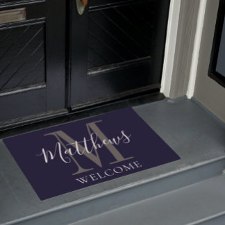 Modern Navy Blue Grey Monogram Newlyweds Wedding Doormat