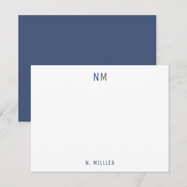 Modern Navy Blue Grey Monogram Two Initials Flat Card (Front/Back)