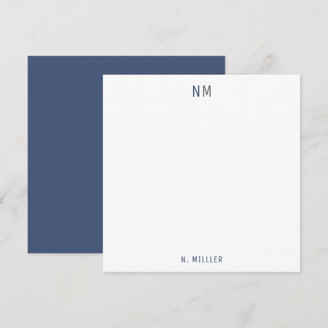 Modern Navy Blue Grey Monogram Two Initials Flat Card (Front/Back)