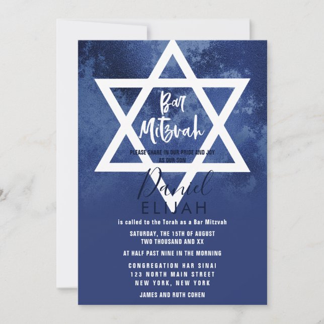 Modern Navy Blue Grunge Star of David Bar Mitzvah Invitation (Front)