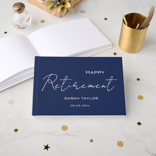 Modern Navy Blue Happy Retirement Personalized  Guest Book (Front Open)