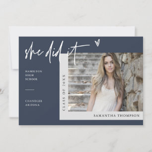 Modern Navy Blue Heart Photo She Did It Graduation Invitation