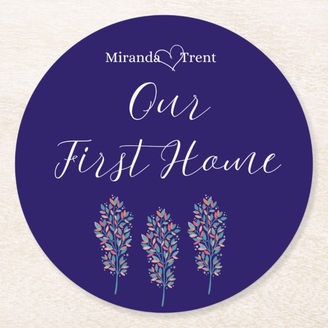 Modern Navy Blue Housewarming Coaster (Front)