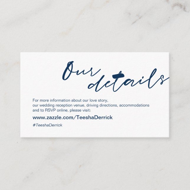 Modern Navy Blue ink, minimalism font, Our Details Enclosure Card (Front)