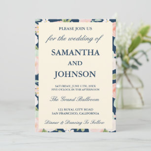 Modern Navy Blue Ivory Floral Monogram Wedding Invitation