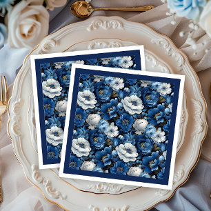 Modern Navy Blue Ivory Floral Wedding Paper Napkin
