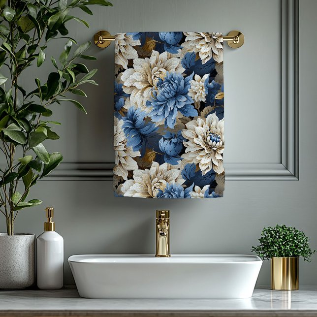 Modern Navy Blue Ivory Gold Floral Bath Towel (Modern Navy Blue Ivory Gold Floral Bath Towel)