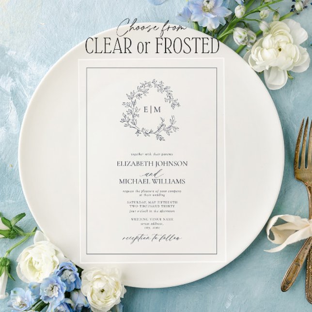 Modern Navy Blue Leafy Crest Monogram Wedding Acrylic Invitations (Creator Uploaded)