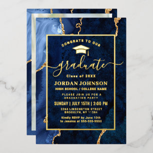 Modern Navy Blue Marble Graduation Party Gold