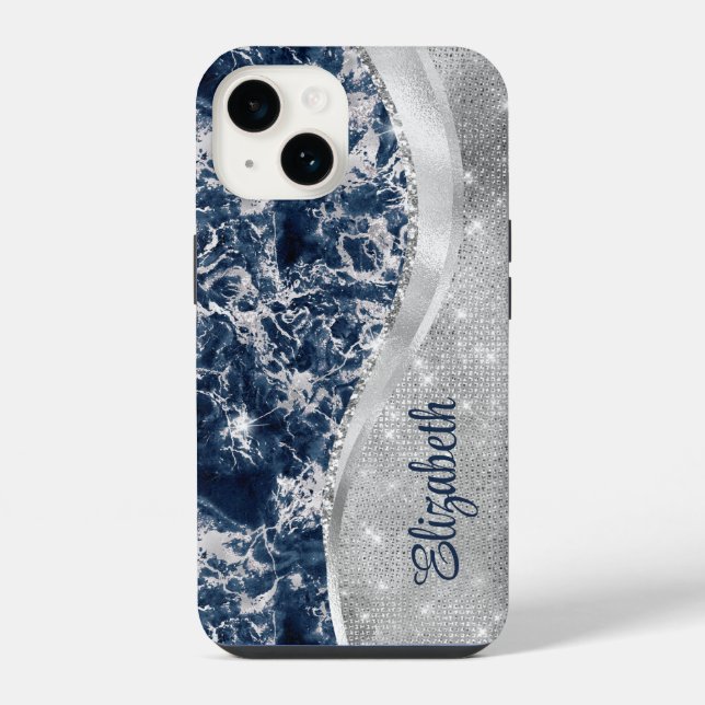 Modern Navy Blue Marble Silver Glitter Monogram iPhone Case (Back)