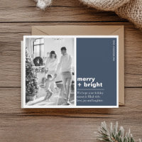 Modern Navy Blue Merry + Bright Christmas Photo 