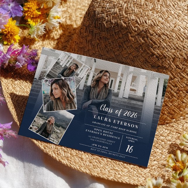 Modern navy blue minimalist photo graduation invitation (Modern navy blue minimalist photo graduation invitation)