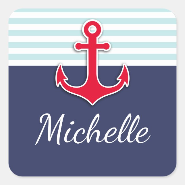 Modern Navy Blue Mint Striped Red Anchor Custom Square Sticker (Front)