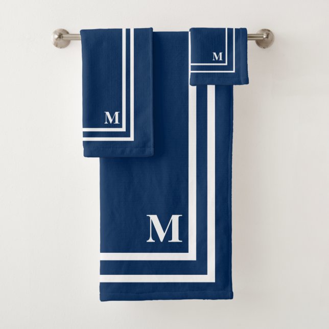 Modern Navy Blue Monogram Bath Towel Set (Insitu)
