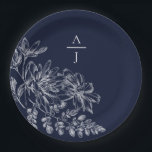 Modern Navy Blue Monogram Floral Paper Plate<br><div class="desc">Bring modern elegance to your reception with this beautiful plate.</div>