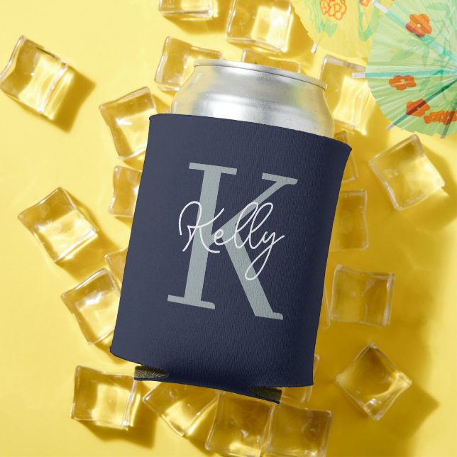 Modern Navy Blue Monogram Script Can Cooler (In Situ Summer)