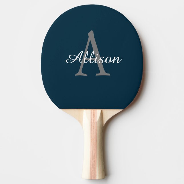 Modern Navy Blue Monogram Script Personalized Ping Pong Paddle (Front)