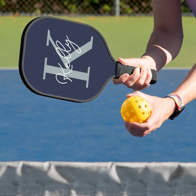Modern Navy Blue Monogram Script Pickleball Paddle (Insitu)