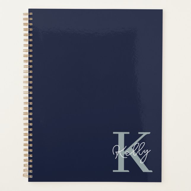 Modern Navy Blue Monogram Script Planner (Front)