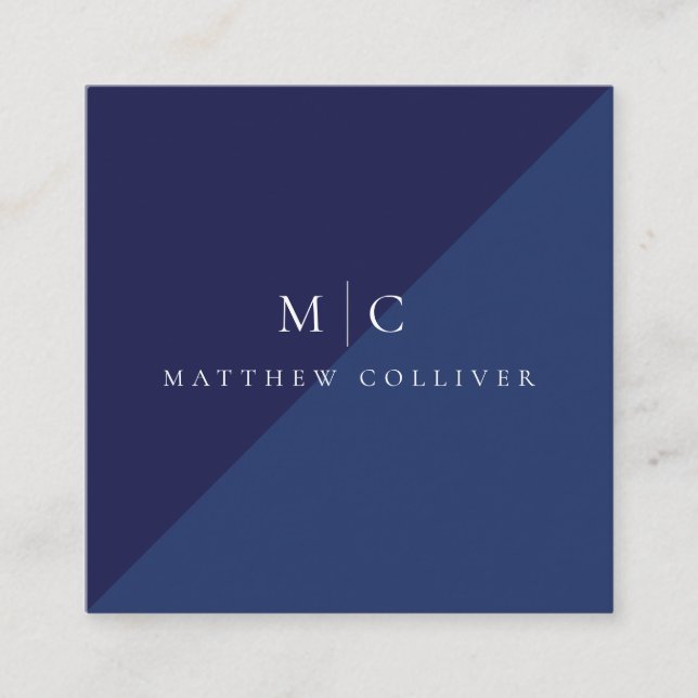 Modern Navy Blue Monogram Square Business Card (Front)