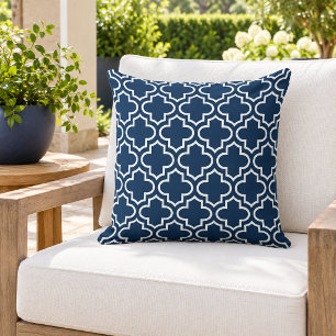 Modern Navy Blue Moroccan Quatrefoil Pattern Outdoor Pillow