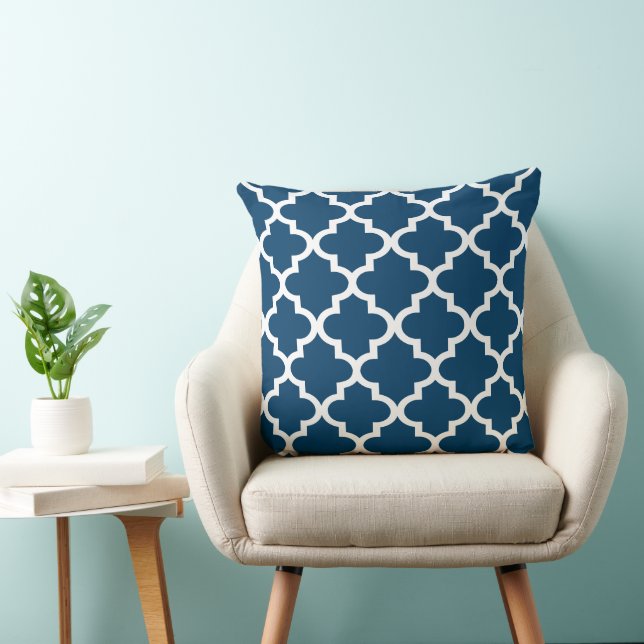 Modern Navy Blue Moroccan Quatrefoil Pattern Throw Pillow (Chair)