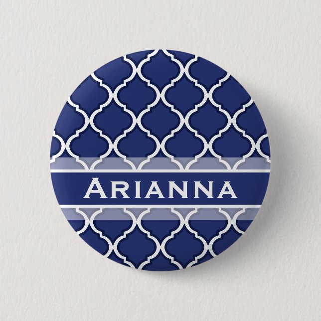 Modern Navy Blue Moroccan Trellis 2 Inch Round Button (Front)