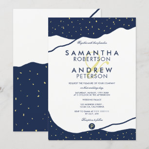 Modern navy blue mountains yellow dots wedding invitation