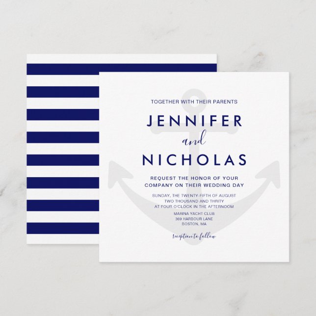 Modern Navy Blue Nautical Anchor Wedding Invitation (Front/Back)