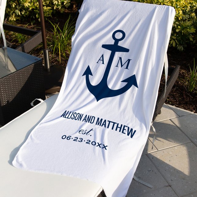 Modern Navy Blue Nautical Anchor Wedding Monogram Beach Towel (Creator Uploaded)