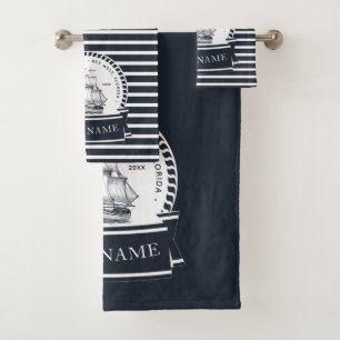 Modern Navy Blue Nautical Personalized Boat Bath Towel Set
