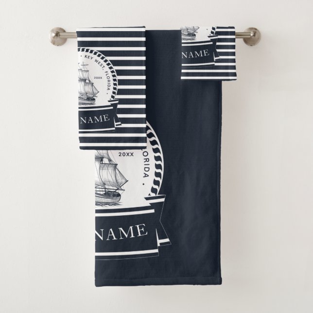 Modern Navy Blue Nautical Personalized Boat Bath Towel Set (Insitu)