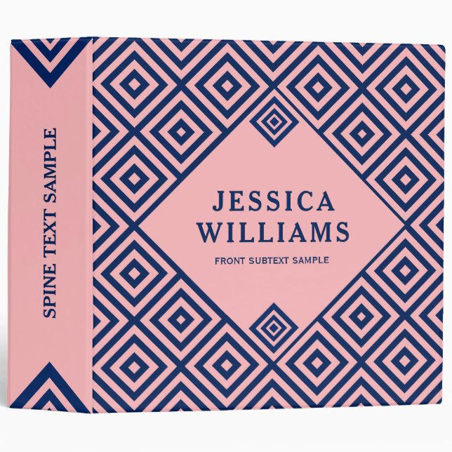 Modern Navy Blue On Pink Geometric Pattern Binder (Front/Spine)