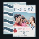 Modern navy blue peace love beach Christmas photo Holiday Card<br><div class="desc">Modern coastal seaside muted navy blue and red blue peace love beach Christmas photo with hand lettered rope pattern, anchor , clam and star fish. Spending the holidays on the beach in the South Hemisphere! Dashing through the sand! With turquoise and navy blue editable colours and brushstroke overlay photo. With...</div>