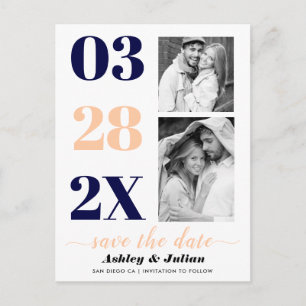 Modern navy blue, peach two photo Save the Date Postcard