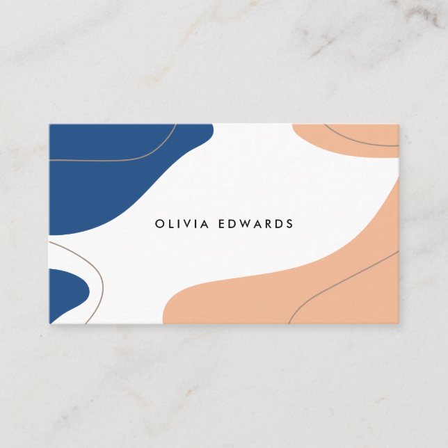 Modern navy blue peach white abstract brushstrokes business card (Front)