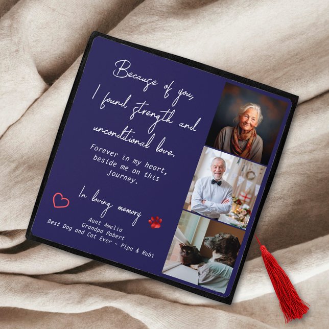 Modern Navy Blue Personalized 3 Photo Memorial Graduation Cap Topper (Creator Uploaded)