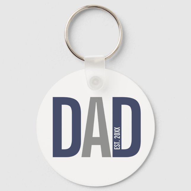Modern Navy Blue Personalized Dad Established Keychain (Front)